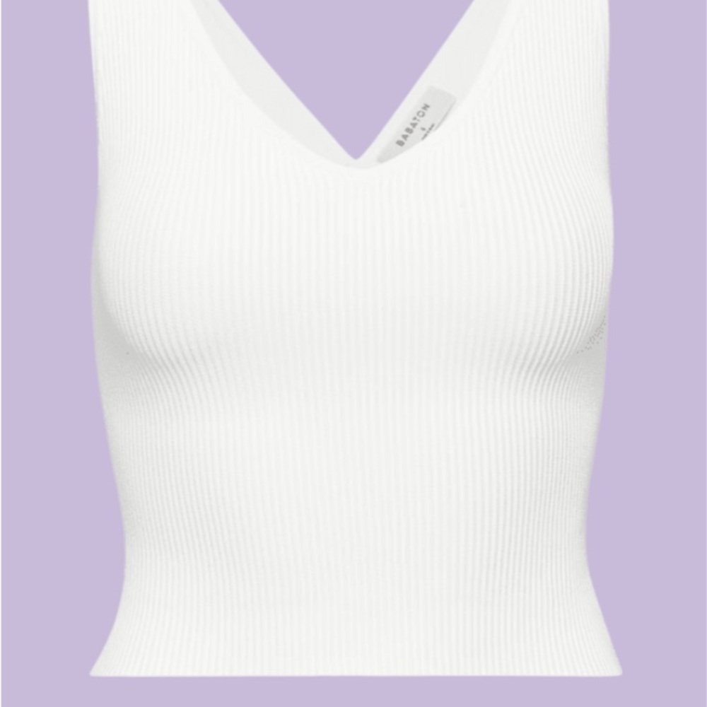 Aritzia Babaton White Ribbed V-Neck Crop Tank